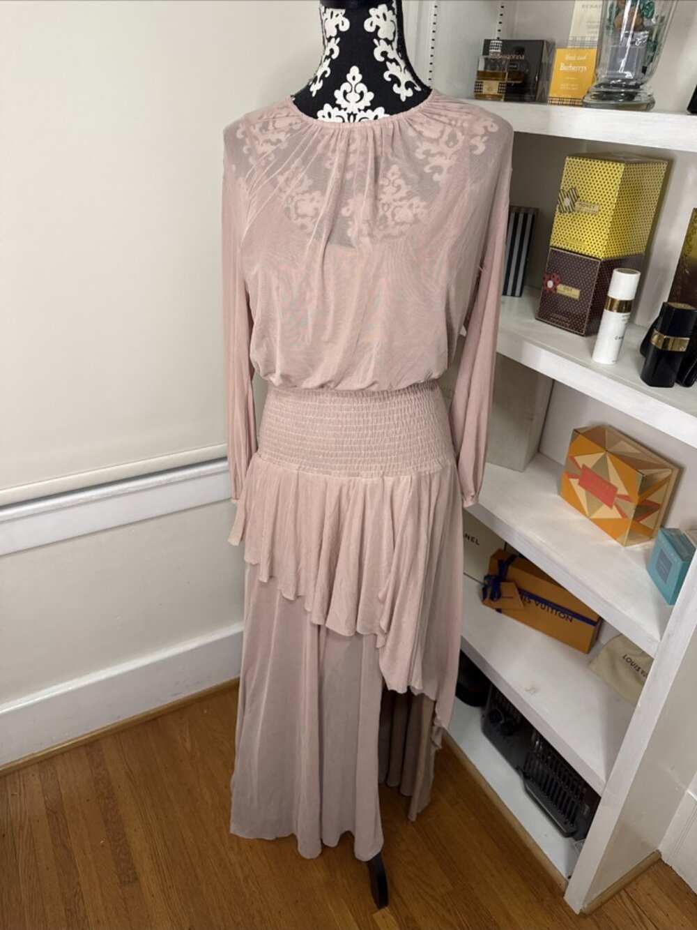 NWT Mia Joy Large Nude Pale Pink Flirty Long Sleeve Maxi Dress Bohemian
